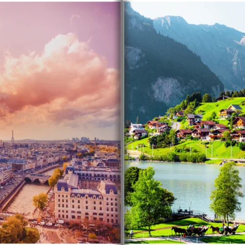 Panoramic view blending the Parisian skyline with the snow-covered Swiss Alps for Paris and Switzerland tour package from Chennai.