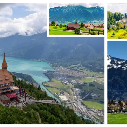 Cozy Swiss chalet-style hotel room with balcony overlooking alpine peaks in Interlaken and Lucerne